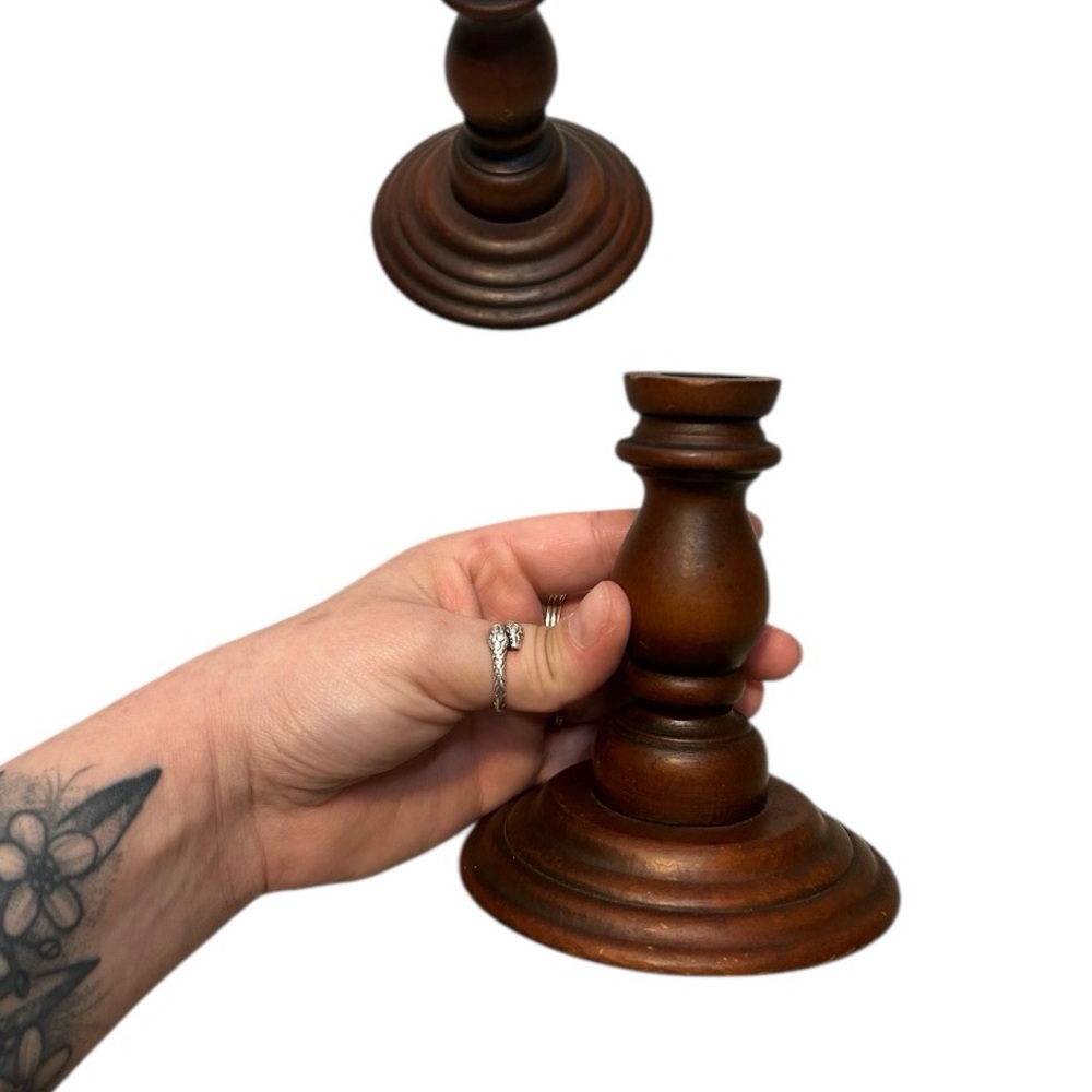 Vintage Dark Wooden Taper Candle Holders Set Of Two - Picture 2 of 5